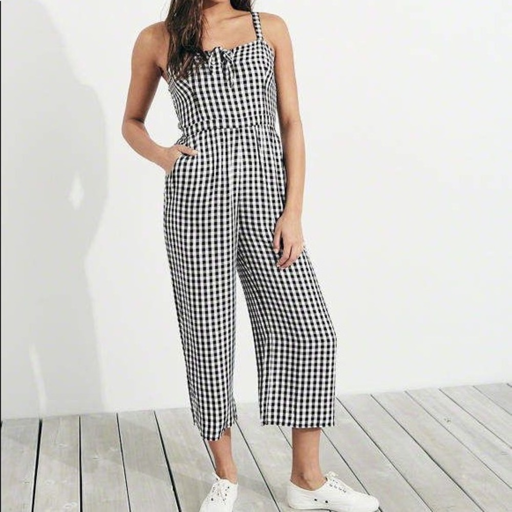 Hollister Cropped Gingham Jumpsuit with tie front